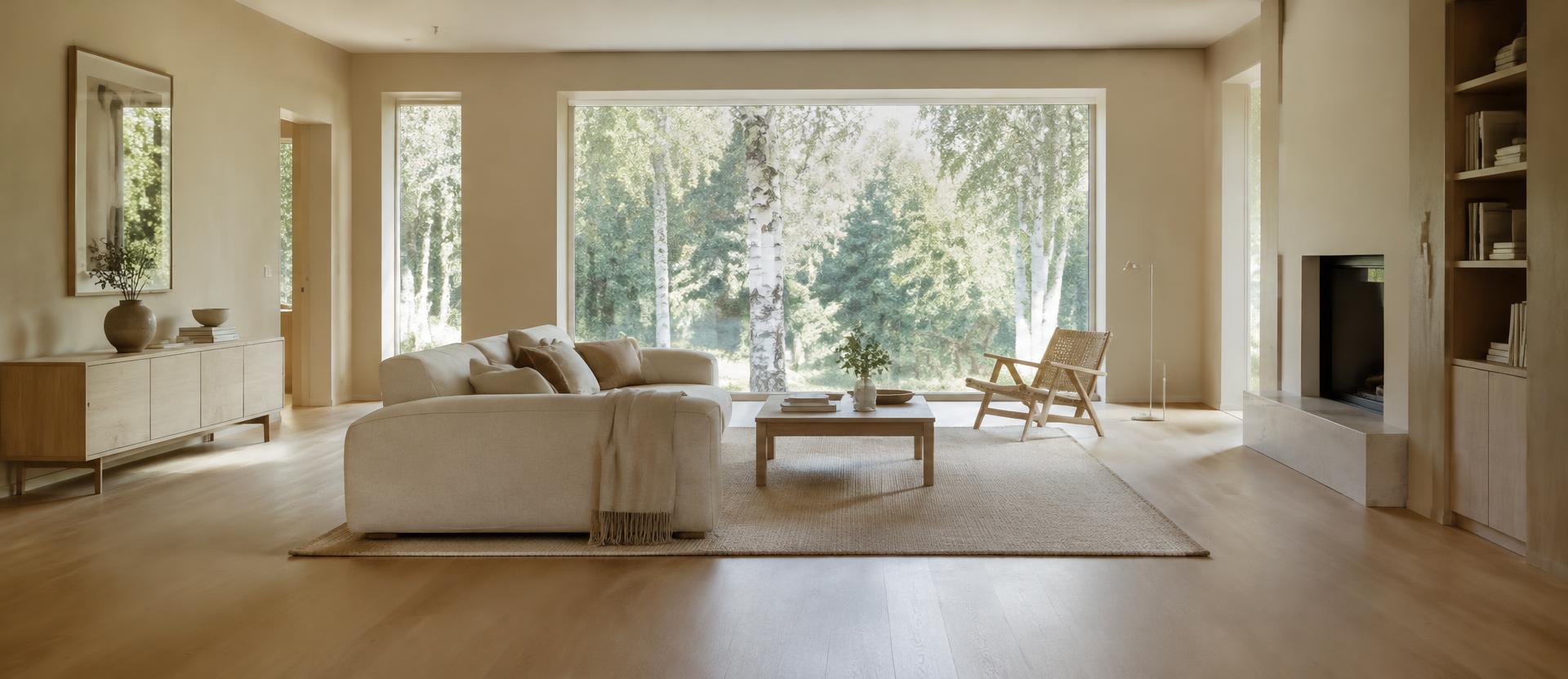 Bred skandinavisk stue med lys sofa